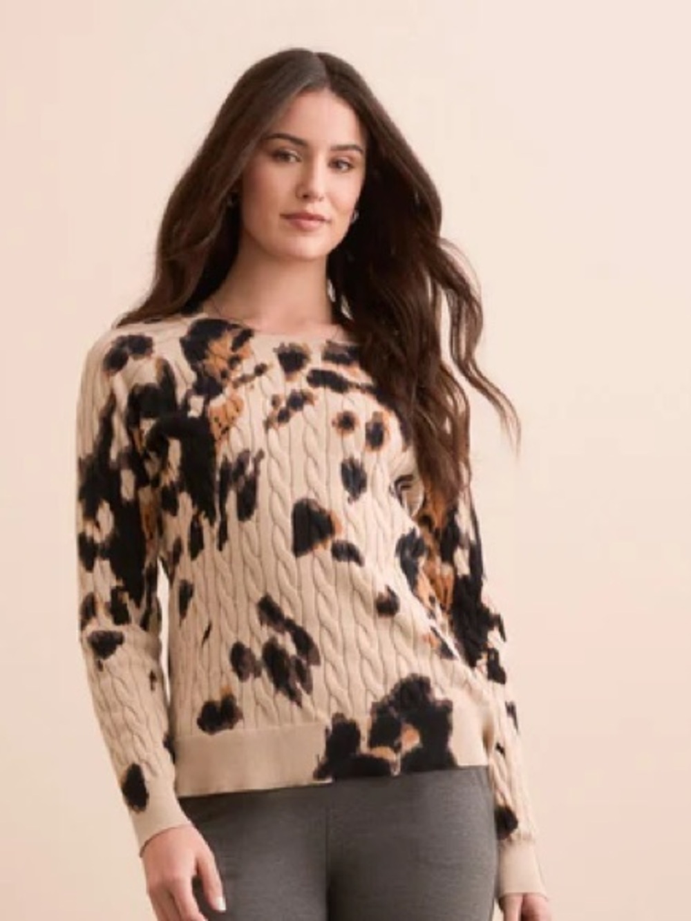 Tribal Cream Cable Knit Sweater with Black and Brown Leopard Print